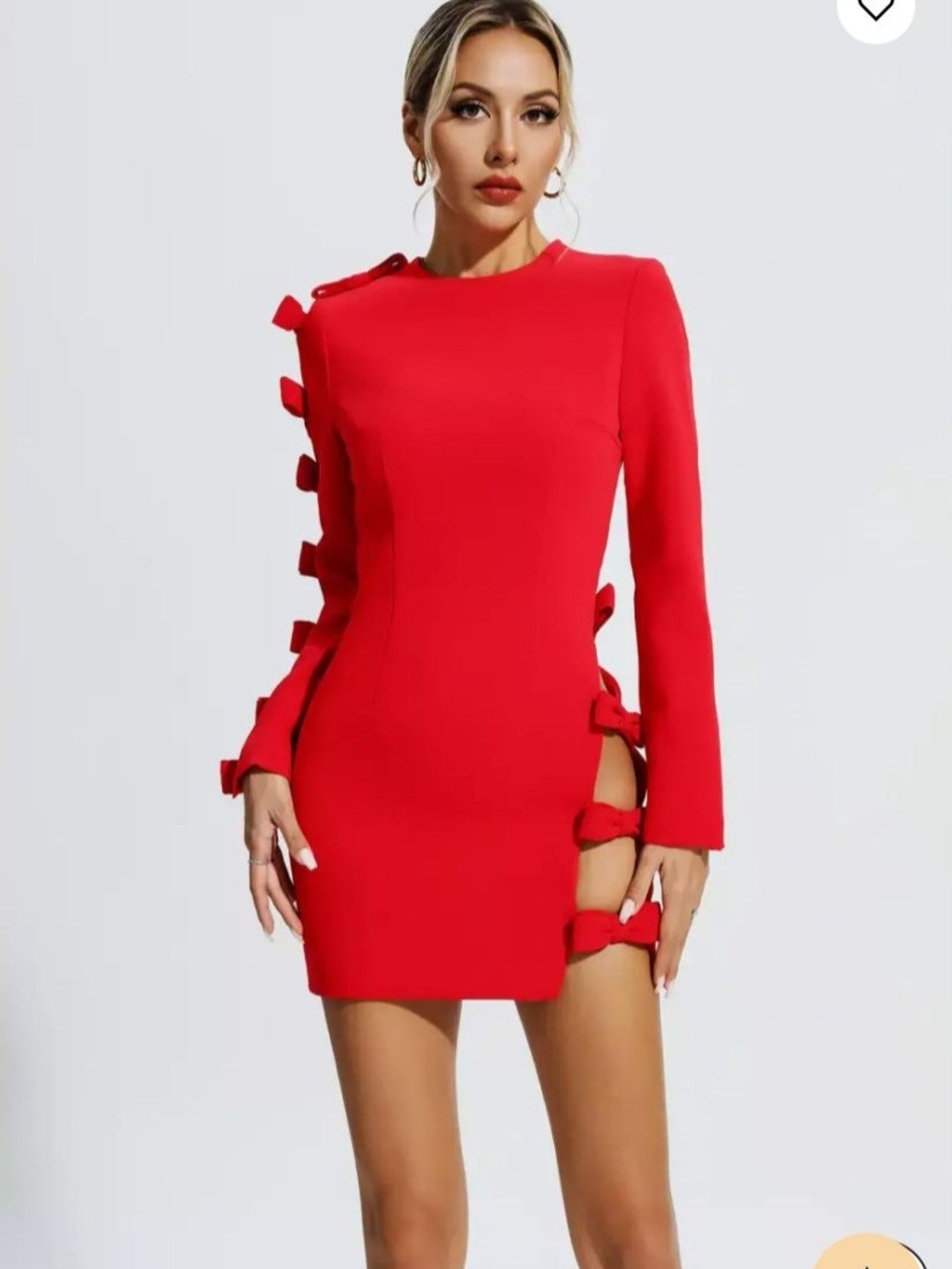 Red Bow-Accent Long Sleeve Bodycon Dress -